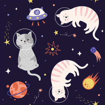 卡通手绘太空猫咪漫游图案