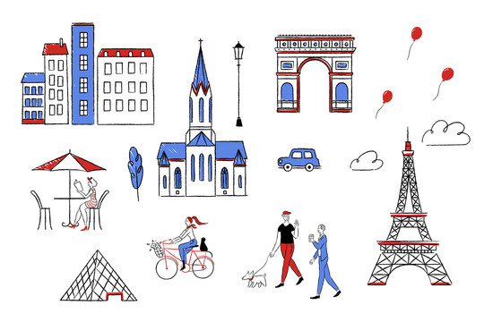 可爱法国地标与市民插画集合