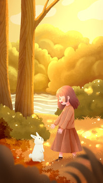 秋天森林中的女孩和兔子插画