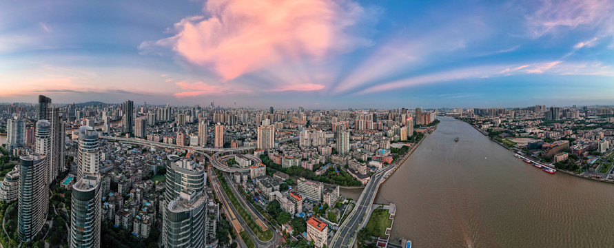 广州城市晚霞建筑航拍