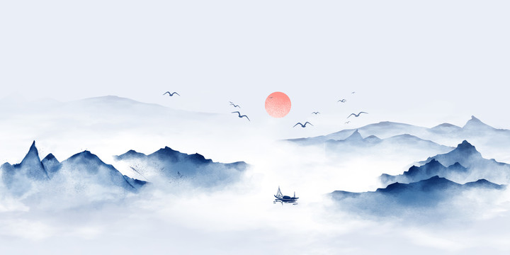 水墨蓝色中国风山山水船只背景