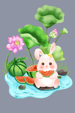 夏天吃西瓜兔子卡通儿童插画