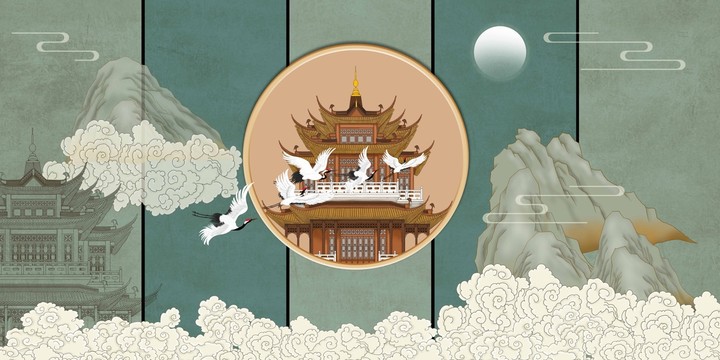 楼阁祥云瑞鹤图