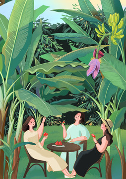 三个女孩坐在芭蕉树下吃西瓜