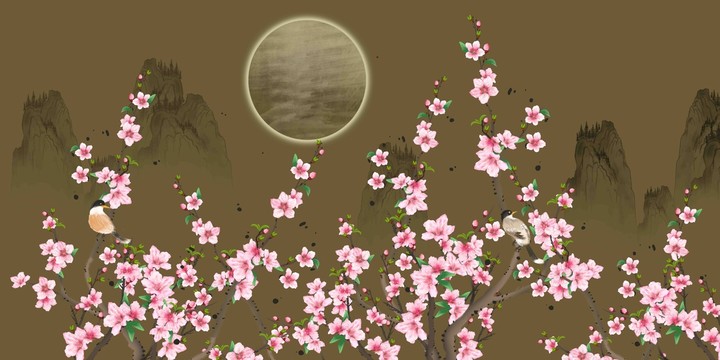 桃花山水壁画背景