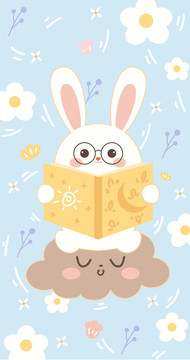可爱的兔子坐在云朵上看书