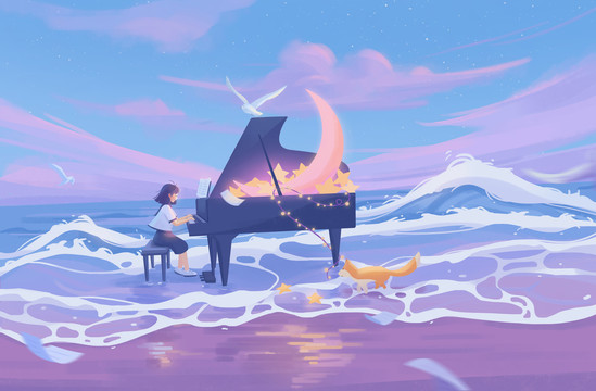 治愈系浪漫唯美海边女孩弹钢琴