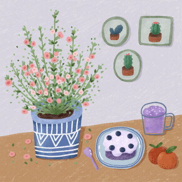 蛋糕饮品花朵下午茶系列插画