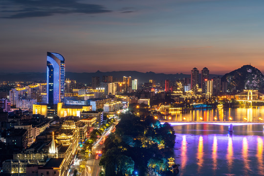 航拍广西柳州城市夜景