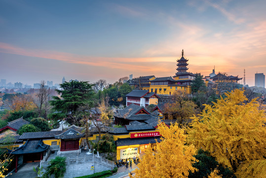 中国江苏南京古鸡鸣寺日落风光