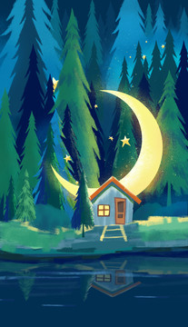 夏夜晚风森林深处小屋月亮插画