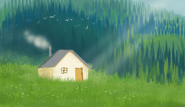 绿光森林小屋插画