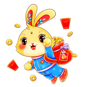国潮兔年春节背福袋的兔子超人