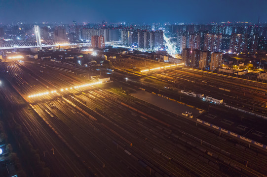 航拍郑州北站铁路编组站夜景