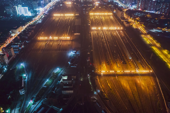 航拍郑州北站铁路编组站夜景