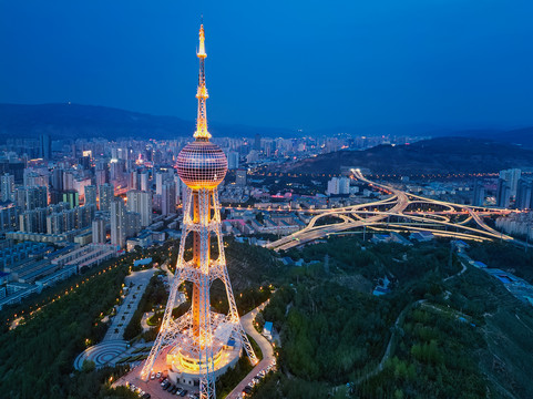 青海西宁城市夜景航拍