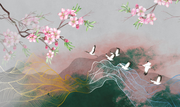 新中式花鸟壁画背景墙