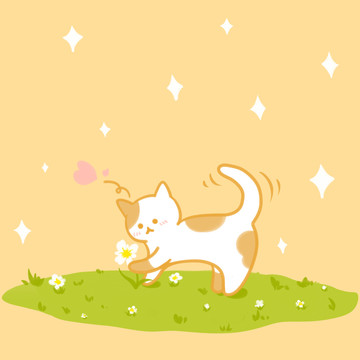 小猫咪在草坪上拨弄花花