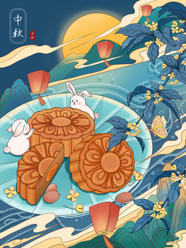 原创手绘中秋节桂花月饼插画