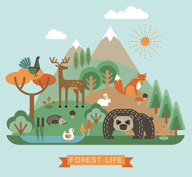 可爱扁平风森林动物概念插画