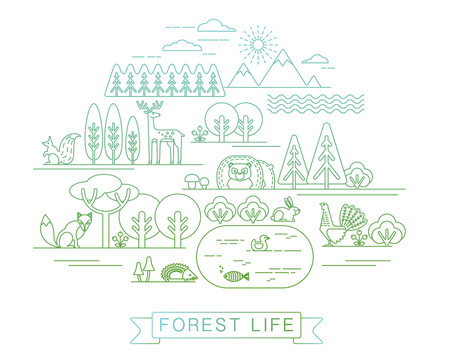 简约线条风森林动物插画元素组合