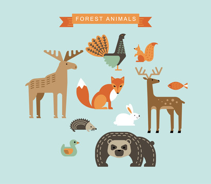 可爱扁平风森林动物图标元素
