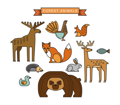 可爱线条卡通风森林动物图标元素