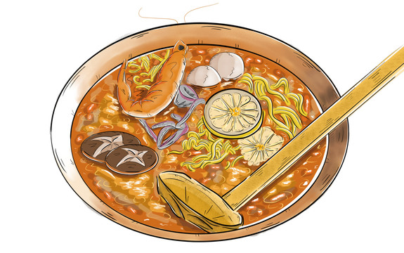 冬阴功海鲜面手绘美食插画