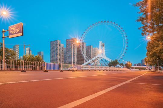 天津城市天际线和海河上的桥梁