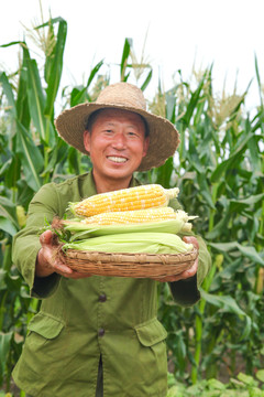 农民手上抱着一篮水果玉米