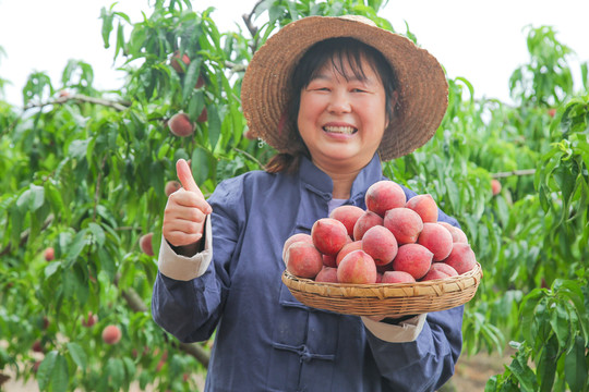 女人手上抱着一筐胭脂红桃子