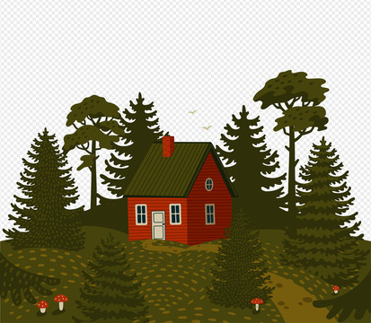 绿色森林红色农舍插图