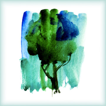 蓝绿水彩树插图