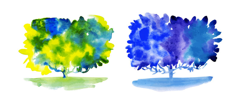 蓝绿路树水彩插图