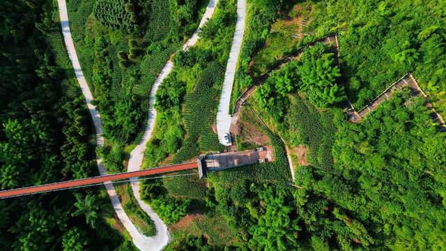 航拍兰家山铁索吊桥乡村公路