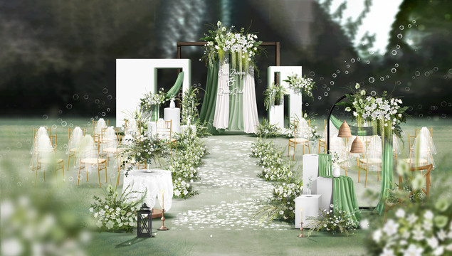 森系室外小清新白绿色草坪婚礼
