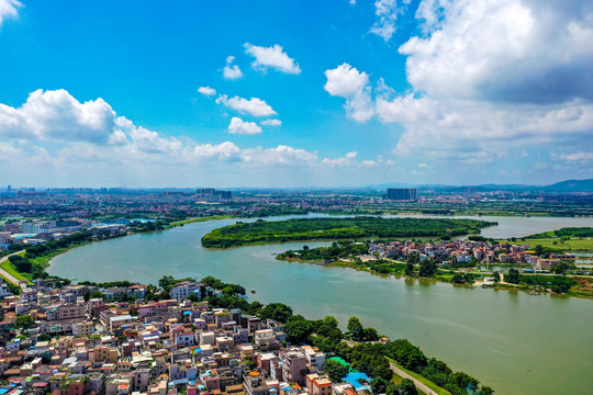 航拍广东顺德河道乡村