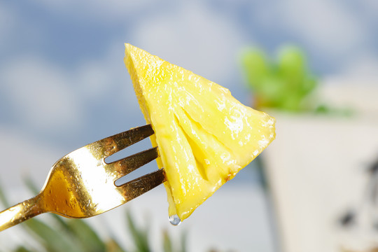 叉子上插着菠萝果肉