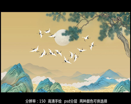 中式松鹤图壁画背景墙
