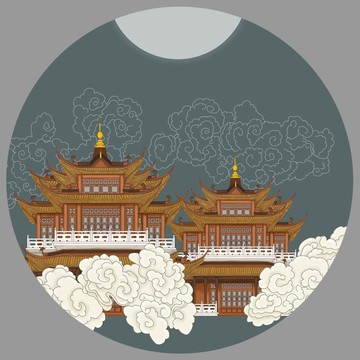 楼阁祥云瑞鹤图