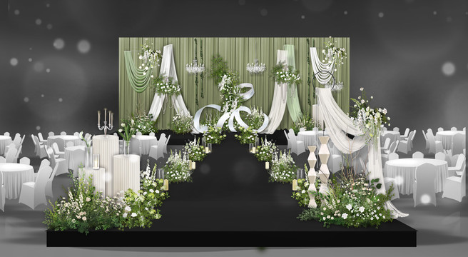 白绿布幔婚礼舞台效果图