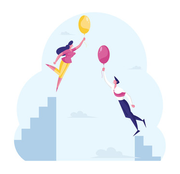男人和女人用气球飞向天空 商业概念插图