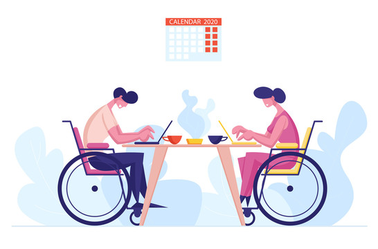 残疾员工坐在办公桌前一起工作插图