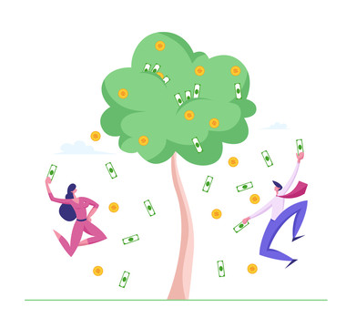 人们在掉落金钱的树木下欢呼平面插图