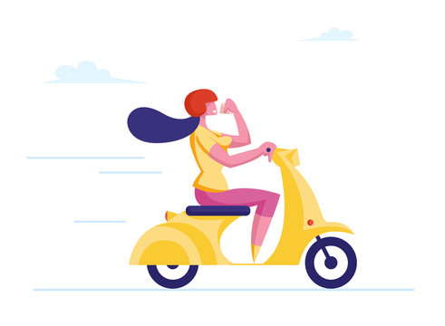 女人迎风骑乘摩托车前进平面插图