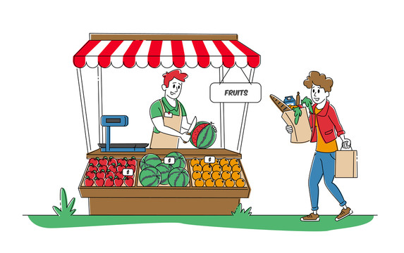 露天市场摊贩叫卖水果 顾客购物插图