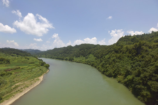 绿色山林间的河流