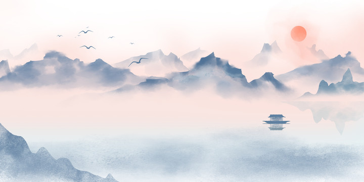 中国风山水落日景色背景