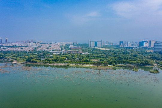 航拍河南平顶山白龟湖湿地公园