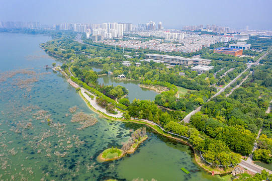 航拍河南平顶山白龟湖湿地公园